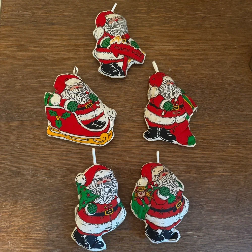 VTG‎ 5 Christmas Ornament Santa Plush Handmade Hand Sewn Fabric Pattern Panel